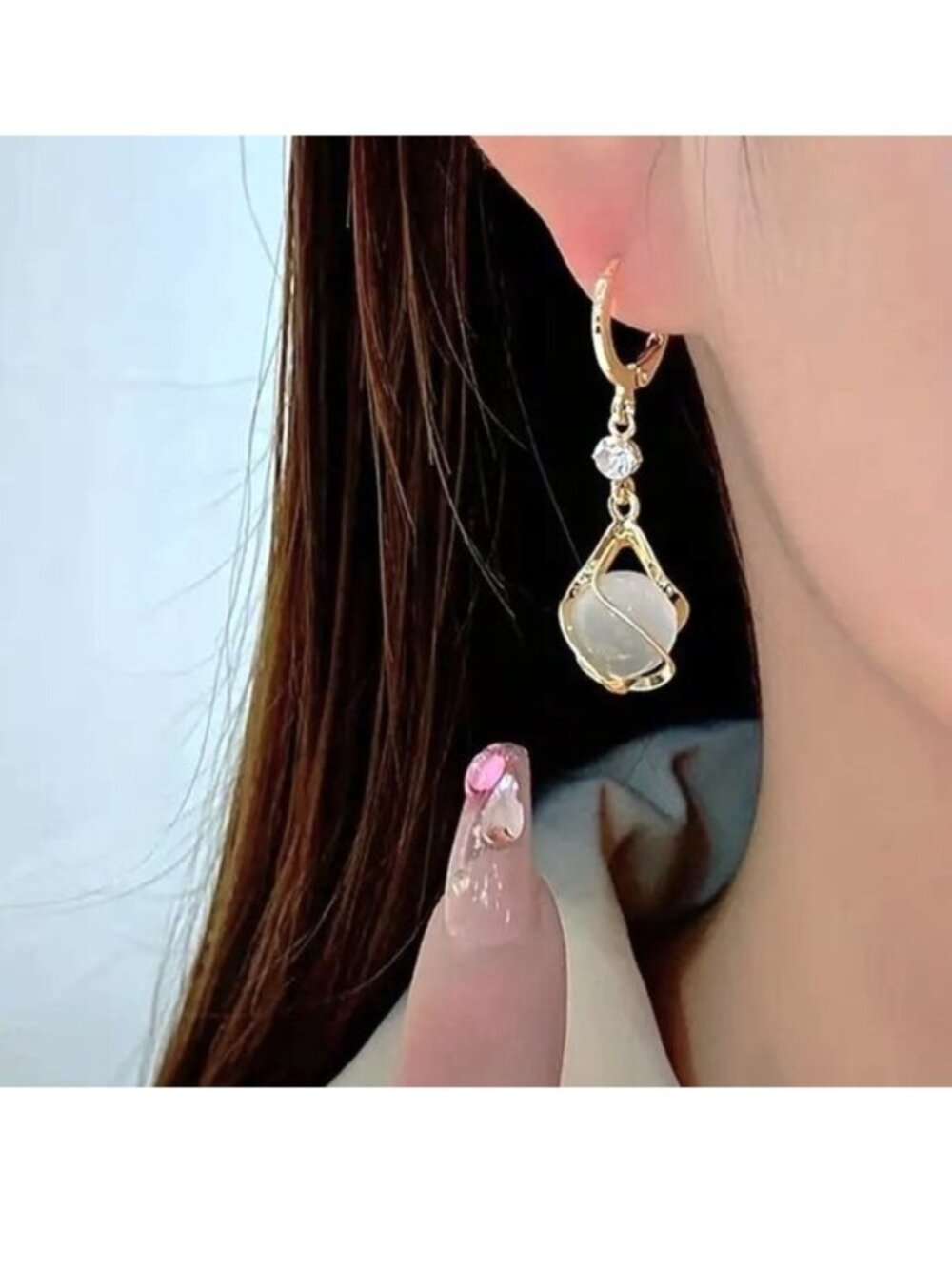 Orb Earrings Moonstone Crystal Dangle Rhinestone Drop Glam Elegant Trendy Style
